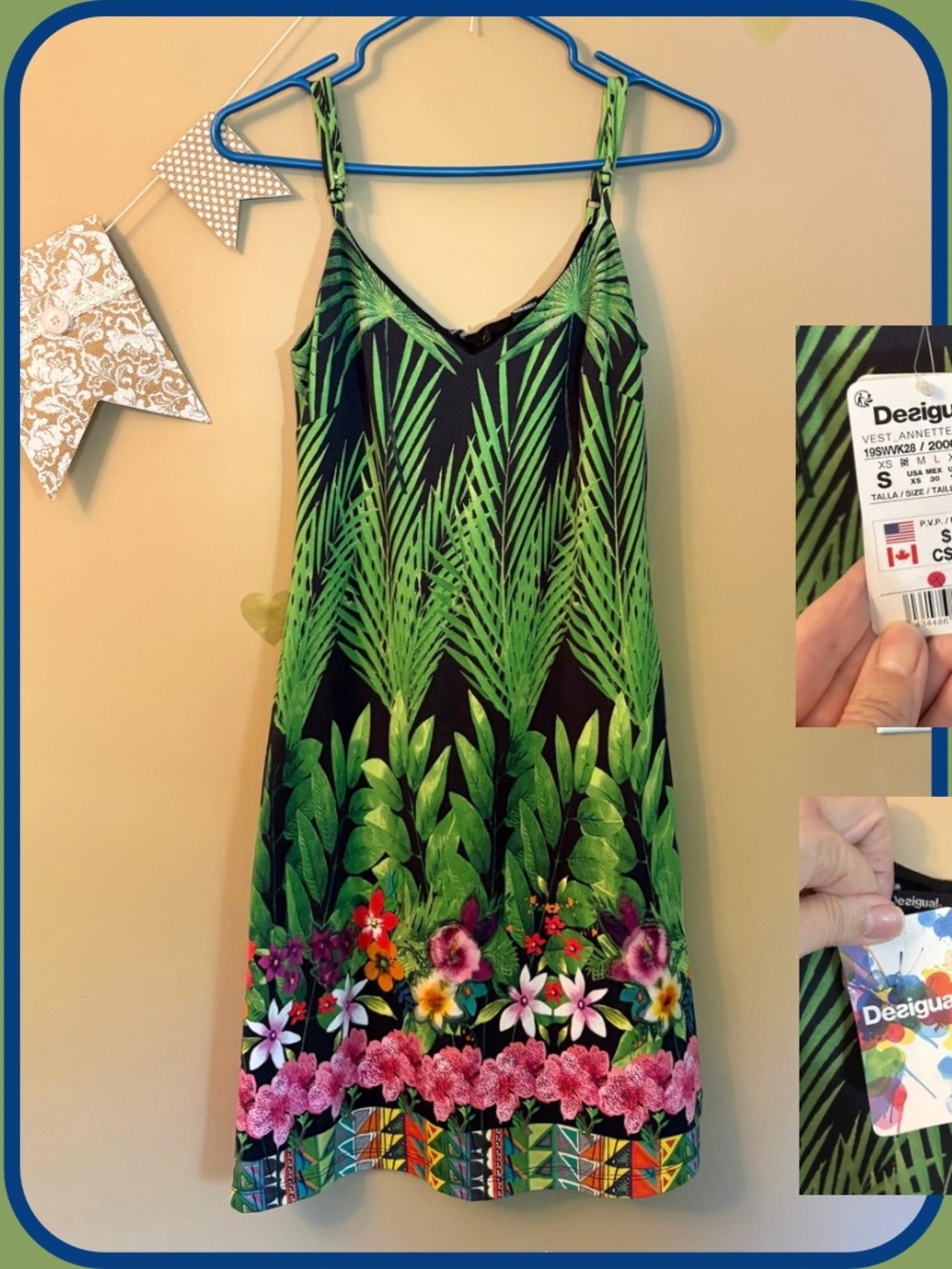 Desigual NWT Palm Leaf Print, Beaded w/ Floral Applique